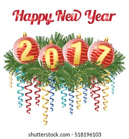 Red Christmas balls with digits 2017 laying on conifer branch with serpentine, isolated on white background. Vector greetings card