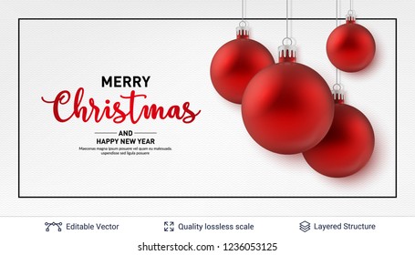Red Christmas balls and frame on light background. 3D glossy fir tree decorative toys. New Year holiday banner template.
