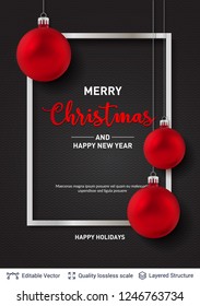 Red Christmas balls and frame on dark background. 3D glossy fir tree decorative toys. New Year holiday banner template.