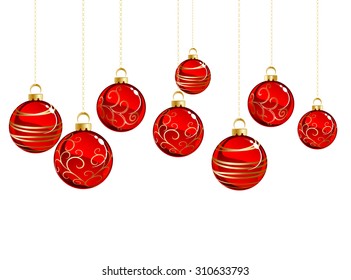 Red Christmas balls with gold pattern on white background