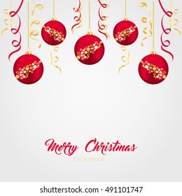 Red Christmas balls with gold ribbons on a light background. Vector illustration on the theme of Christmas and New Year.Christmas composition for card.