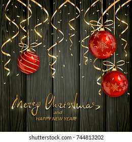Red Christmas balls with golden streamers and confetti on black wooden holiday background with lettering Merry Christmas and Happy New Year, illustration.