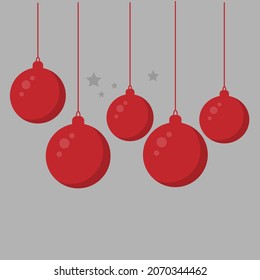 red christmas balls hanging on grey background, Merry christmas greeting concept. vector illustration	