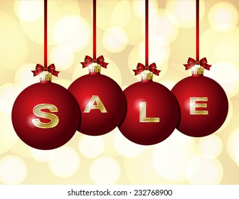 Red Christmas balls Hanging on Red Ribbons with golden word Sale written on them.