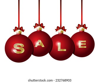 Red Christmas balls Hanging on Red Ribbons with golden word Sale written on them.