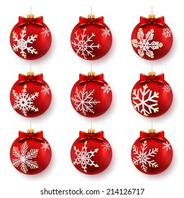 Red Christmas balls isolated on white. Set. Vector illustration. 