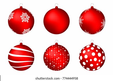 Red christmas balls isolated on white background. Set of christmas balls with snowflakes, circles and abstract patterns. Vector