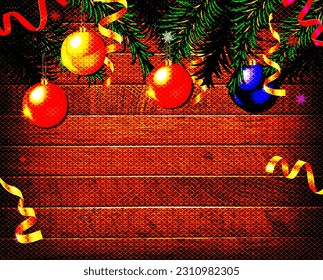 Red Christmas balls on branches of a Christmas tree on a black background. Place for text between Christmas tree branches. Christmas frame. Vector illustration