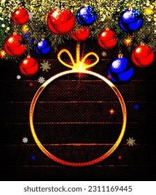 Red Christmas balls on branches of a Christmas tree on a black background. Place for text between Christmas tree branches. Christmas frame. Vector illustration