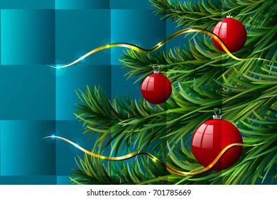 Red christmas balls on branches with abstract squares . Vector illustration.