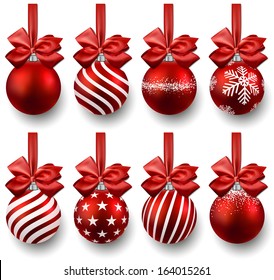 Red christmas balls on gift bows. Set of isolated realistic decorations. Vector illustration. 