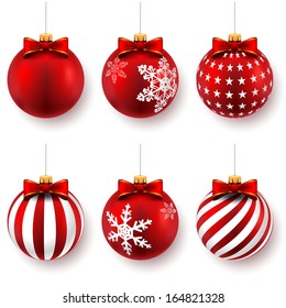 Red christmas balls on gift bows isolated on white. Set. Vector illustration. 