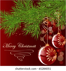 red christmas balls on green New Year's tree vector background