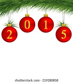 Red Christmas balls on pine branch isolated on white