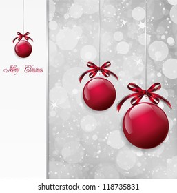 Red Christmas Balls on shiny card. Vector illustration