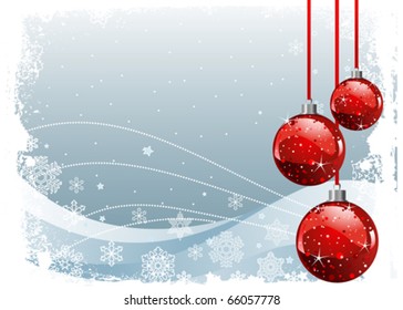 Red Christmas Balls on Christmas snowing background