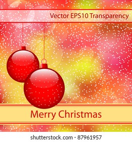 Red christmas balls on subtle colorful bokeh abstract background covered in snow. Copy space for text. Raster also available.