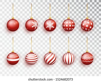 Red christmas balls on white isolated. Set of isolated realistic decorations. Christmas tree toy. Vector object for christmas design, mockup. Stocking Christmas decorations