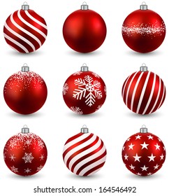 Red christmas balls on white surface. Set of isolated realistic decorations. Vector illustration. 