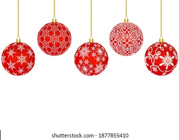 bolas de navidad roja con un patrón de copos de nieve sobre un fondo blanco