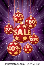 red Christmas balls with percent numbers, vector purple starburst background for Christmas sales