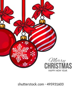 Red Christmas balls with red ribbon and bows, vector greeting card template. Set of red Christmas decoration balls, solid, striped and with a snowflake, New Year greeting card template