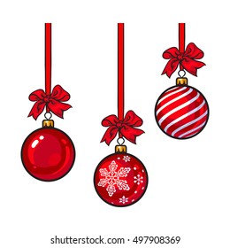 Red Christmas balls with red ribbon and bows, sketch style vector illustration isolated on white background. Set of red Christmas decoration balls - solid, striped and with a snowflake ornament