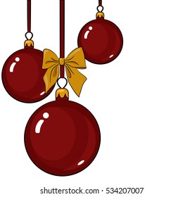 Red Christmas balls with red ribbon and gold bows, sketch style template for greeting card. Merry Christmas and Happy new year card