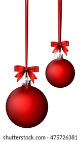 red christmas balls and ribbon on white background  