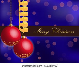 Red christmas balls with ribbon. Vector Christmas Card