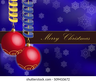 Red christmas balls with ribbon. Vector Christmas Card