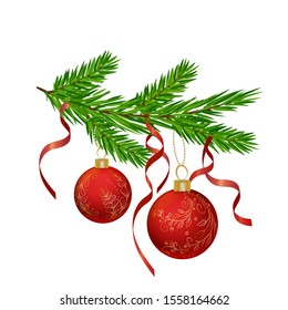 Red Christmas balls and ribbons on a fir branch. Isolated on a white background.