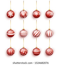 Red christmas balls set isolated on white. Stocking Christmas decorations. Red Christmas ball with snow effect set. Vector illustration.