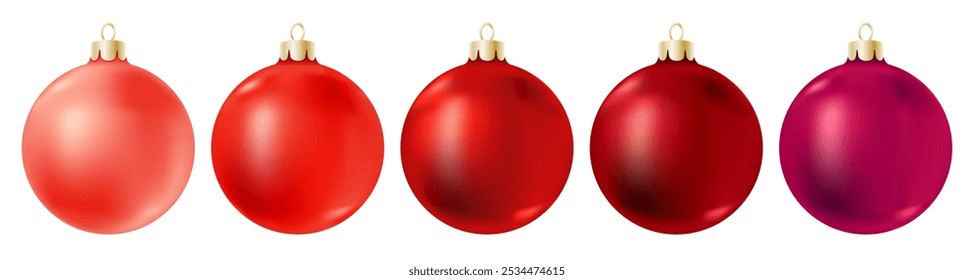 Red Christmas balls set isolated on white background. Clean realistic 3D ball, different color from light red to bright scarlet and dark burgundy. New Year decoration, vector clipart of realism style.