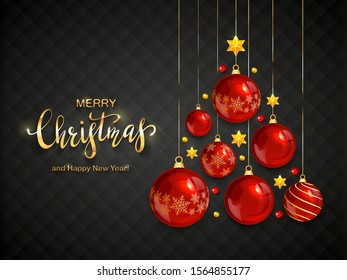 Red Christmas balls and shiny stars on black background. Illustration with lettering Merry Christmas can be used for holiday design, cards, invitations, posters, postcards and banners.