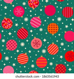 Red christmas balls with star background seamless pattern.