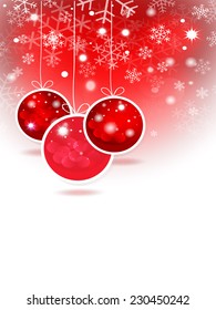 Red Christmas balls  and stars in the red background. Christmas greeting card. Place for your text. Vector EPS10.