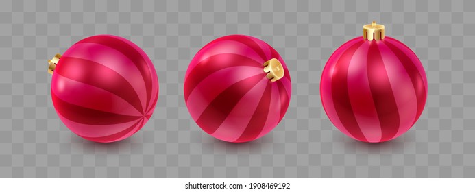 Red Christmas balls with stripes, shadow and reflex on transparent background. Happy New Year card, design for flyer, poster, decor, banner, web, advertising. Vector illustration. 