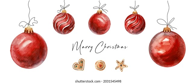 Red Christmas balls vector elements. Christmas tree decoration. Holidays post card design. Watercolor vector isolated