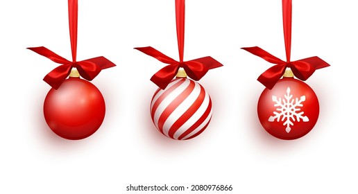 Red Christmas balls. Xmas glass ball. Holiday decoration template. Vector illustration.