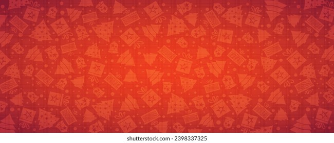 Red Christmas banner with bell, star, snow, tree, gift box. Merry Christmas and Happy New Year greeting banner. Horizontal new year headers, posters, cards, website. Vector illustration