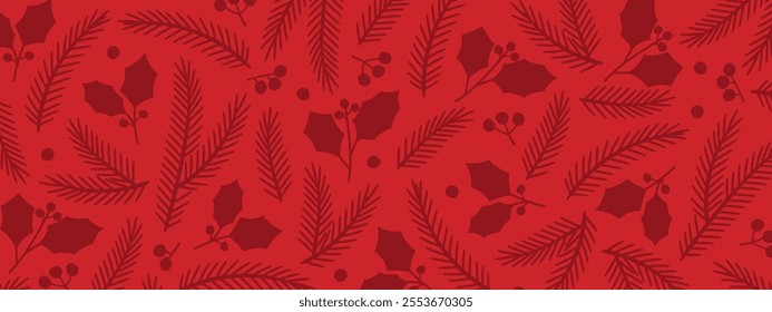 red christmas banner with fir tree twigs and holly berries- vector illustration