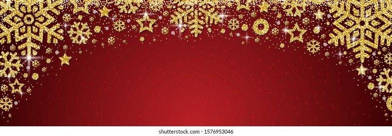 Red Christmas banner with golden glittering snowflakes and stars. Merry Christmas and Happy New Year greeting banner. Horizontal new year background, headers, posters, cards, website.Vector illustrati