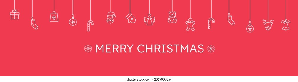 Red christmas banner. Christmas banner with hanging christmas toys like candy cane, sock, ball, glove, bell. Vector illustration.