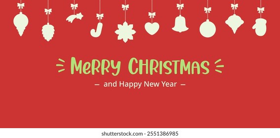 Red Christmas banner simple design. Merry Christmas cute text. White holiday elements on bold red background. Border frame hanging ornaments. Minimal design for brand greeting gift card, web header.