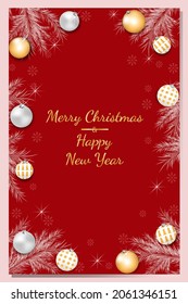 Red Christmas banner with Christmas tree branch and festive balls. Vector illustration
