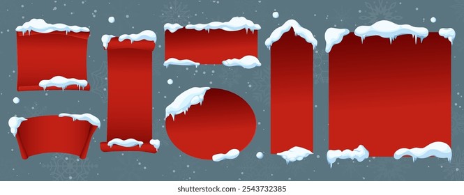 Rote Weihnachtsbanner mit Schneekappen und Eiszapfen flache Farbe Vektorobjekte gesetzt. Designillustrationen im Winterurlaub auf grauem Hintergrund