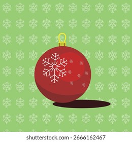 Adorno de Navidades rojas decorado con un delicado copo de nieve blanco sobre un fondo verde. Perfecto para tarjetas de vacaciones, invitaciones y decoraciones de temporada.