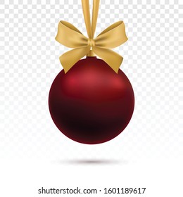 Red Christmas bauble with golden ribbon and bow on transparent background. Vector illustration.