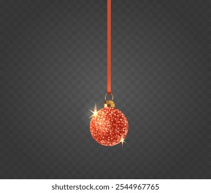 Red Christmas Bauble Hangs Gracefully From A Ribbon, Adorned With Sparkling Glitter, Set Against A Transparent Background. Vector Image Captures Essence Of Holiday Festivities And Elegant Home Decor